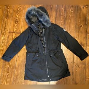 Lands’ End Women's Black Hooded Parka Coat with Faux Fur Trim